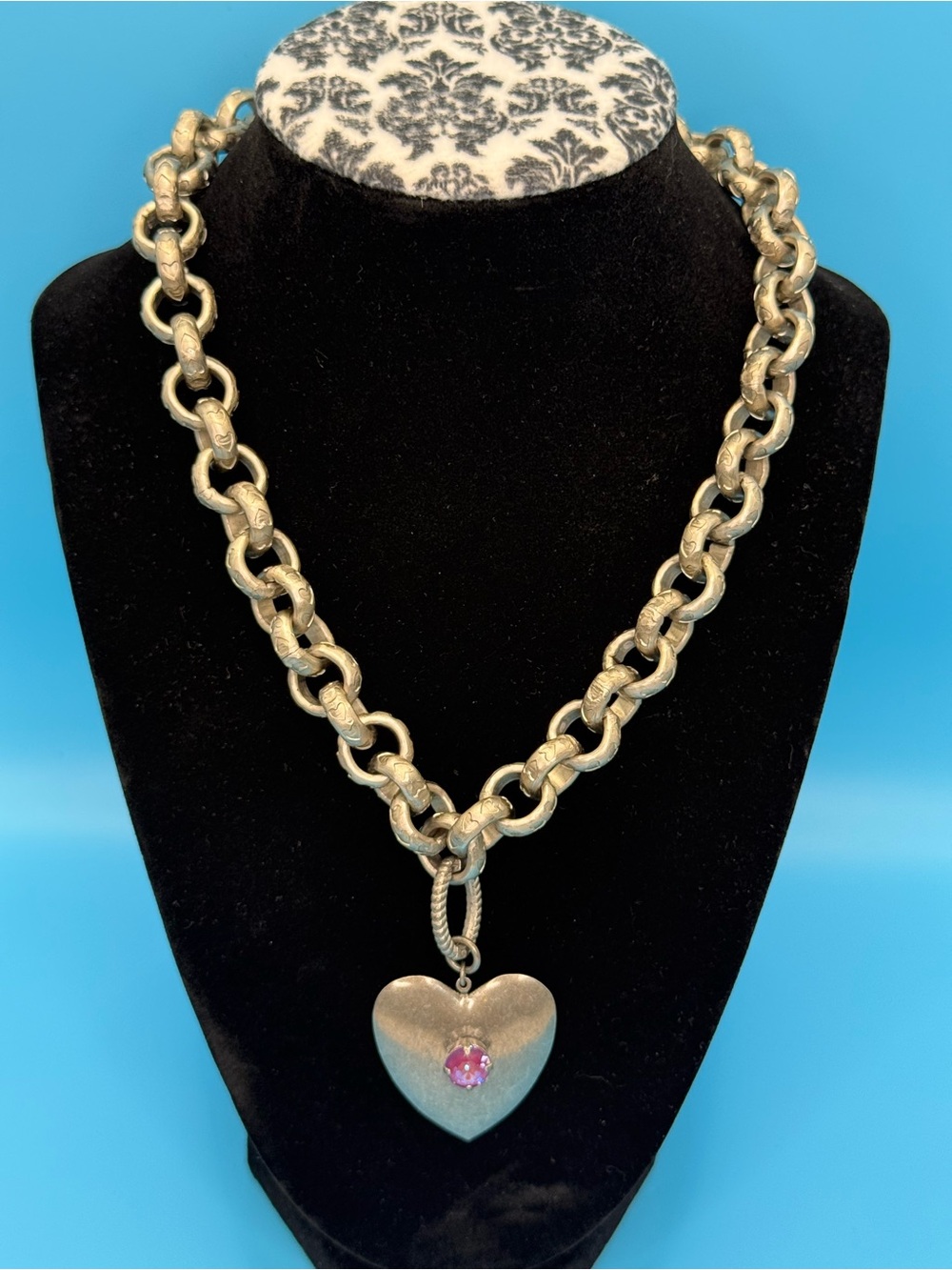 Sabika Silver-Tone Chunky Adjustable Chain Necklace with Deep Pink Heart Pendant
